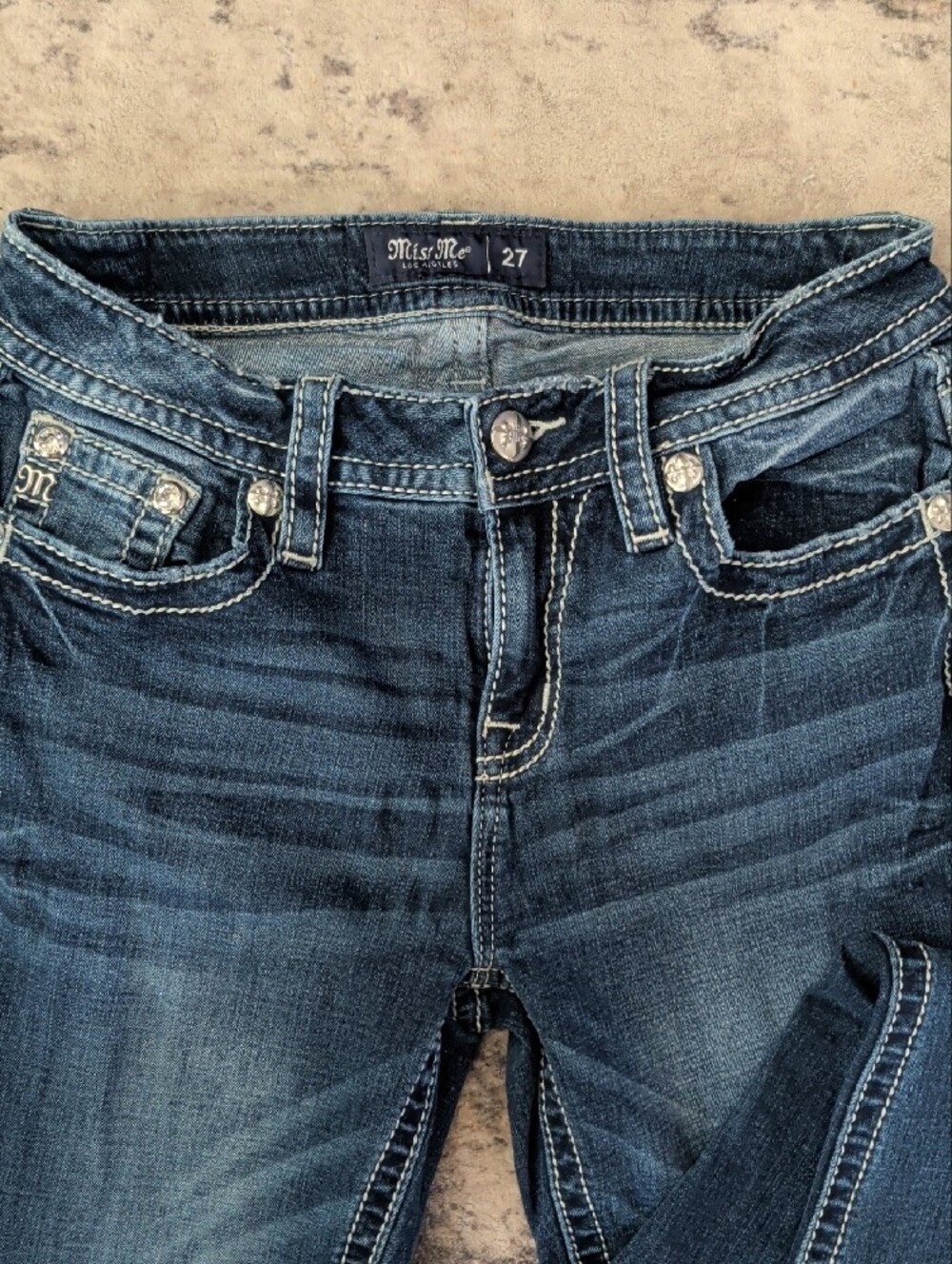 Miss Me Dark Blue Bootcut Jeans with Contrast Stitching - Picture 2 of 5